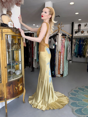 2016 Maison Margiela by John Galliano Runway Champagne Satin Breastplate Backless Bias-Cut Gown