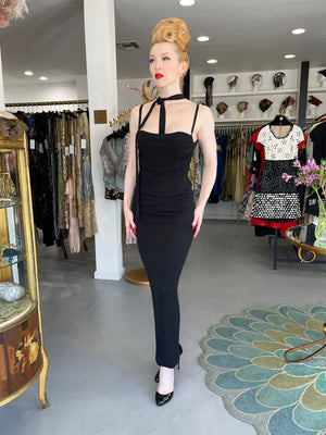 2001 Dolce & Gabbana Black Built-In Bra Necktie Straps Backless Gown
