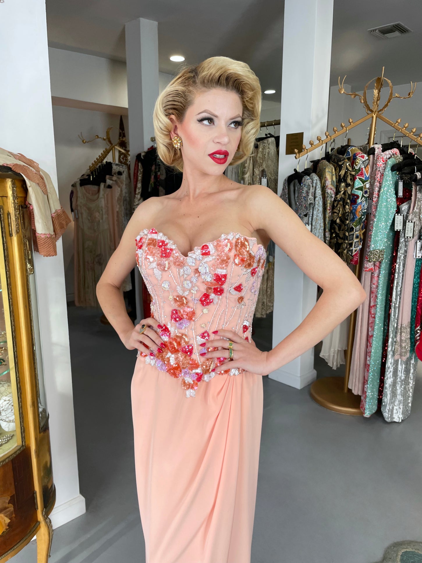 1990's Bob Mackie Pink Beaded Silk Strapless Bustier Hourglass Gown