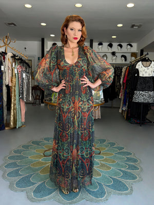 1971 Thea Porter Couture Green Art Nouveau Motif Silk Billow-Sleeve Maxi Dress
