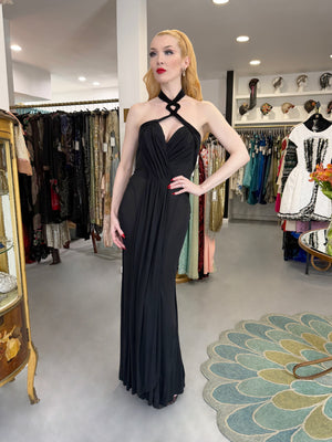 1998 Thierry Mugler Runway Black Silk-Jersey & Velvet Bustier Cut-Out Halter Gown