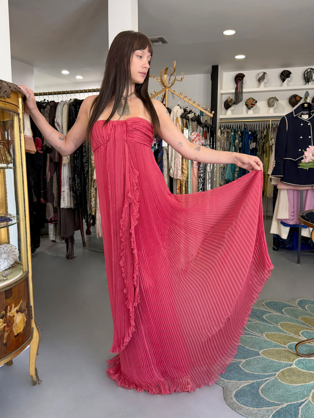 2007 Christian Dior by John Galliano Heavily-Pleated  Raspberry Silk Strapless Bustier Gown