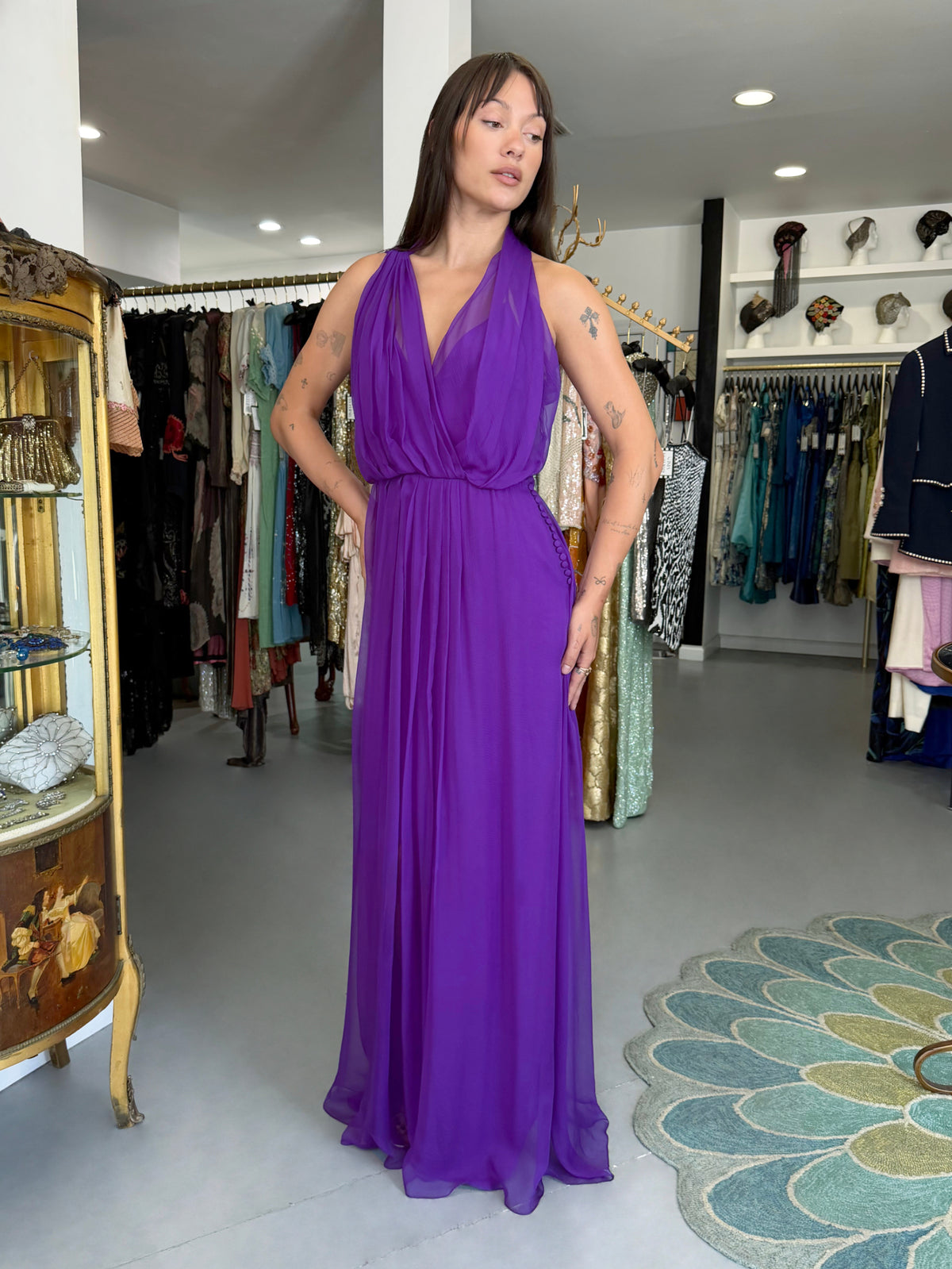 2011 Christian Dior by John Galliano Royal Purple Sheer Silk Low-Cut Asymmetric Goddess Gown