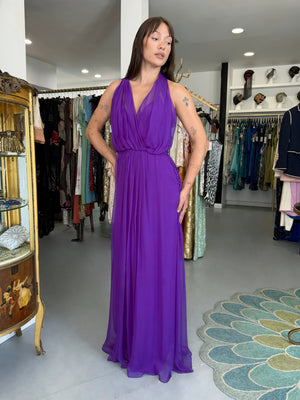 2011 Christian Dior by John Galliano Royal Purple Sheer Silk Low-Cut Asymmetric Goddess Gown