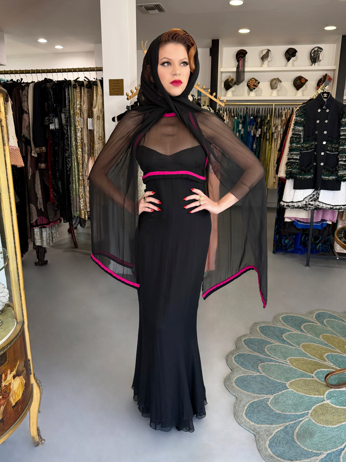 1994 Chanel by Karl Lagerfeld Black Sheer Silk Chiffon Pink Cashmere Trimmed Maxi Dress w/ Shawl