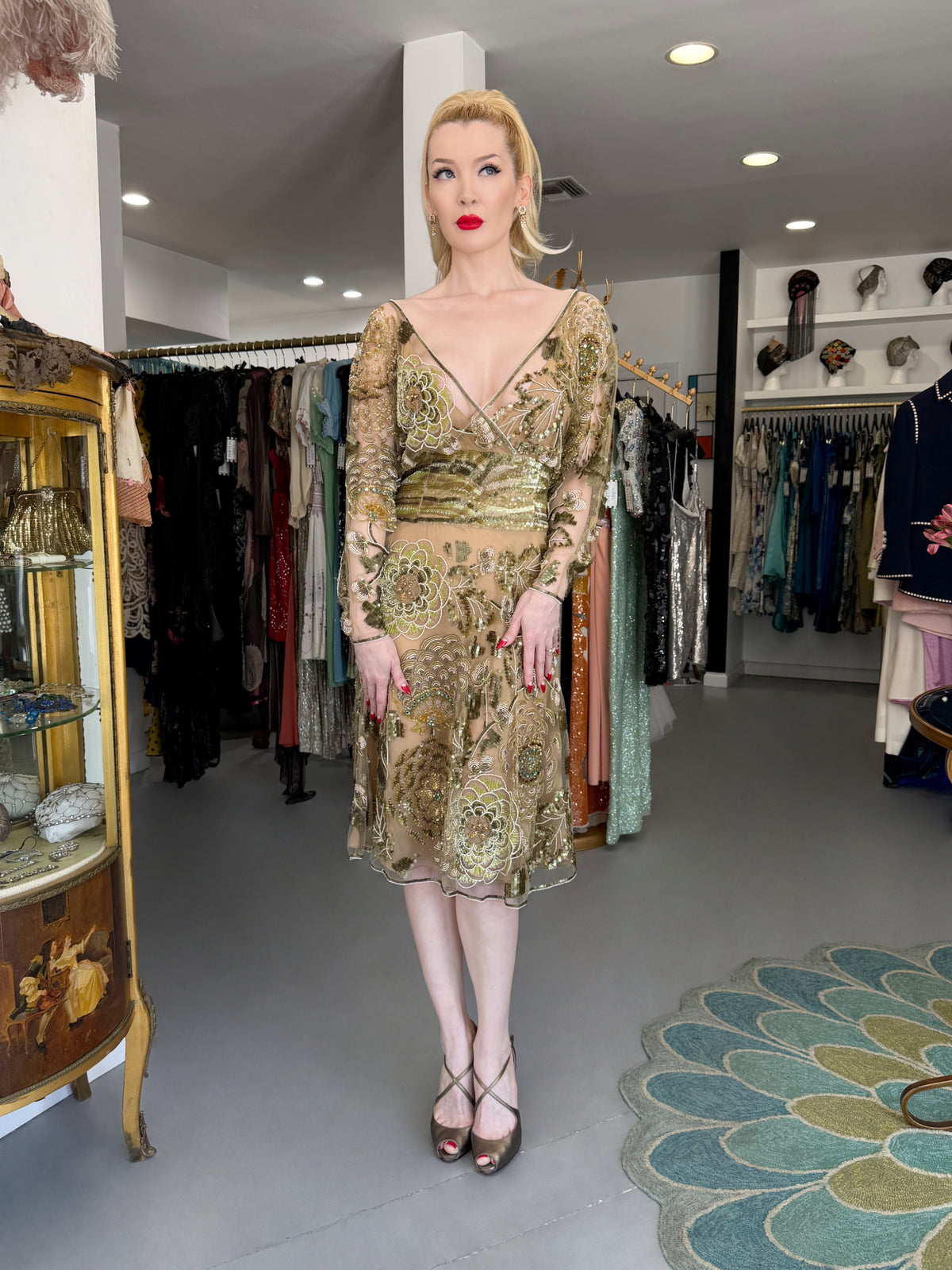2003 Valentino Runway Heavily Embellished Jeweled Low Cut Nude-Illusion Sheer Net Dress