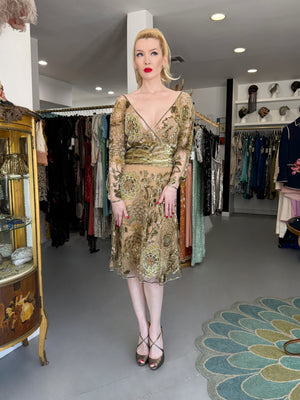 2003 Valentino Runway Heavily Embellished Jeweled Low Cut Nude-Illusion Sheer Net Dress