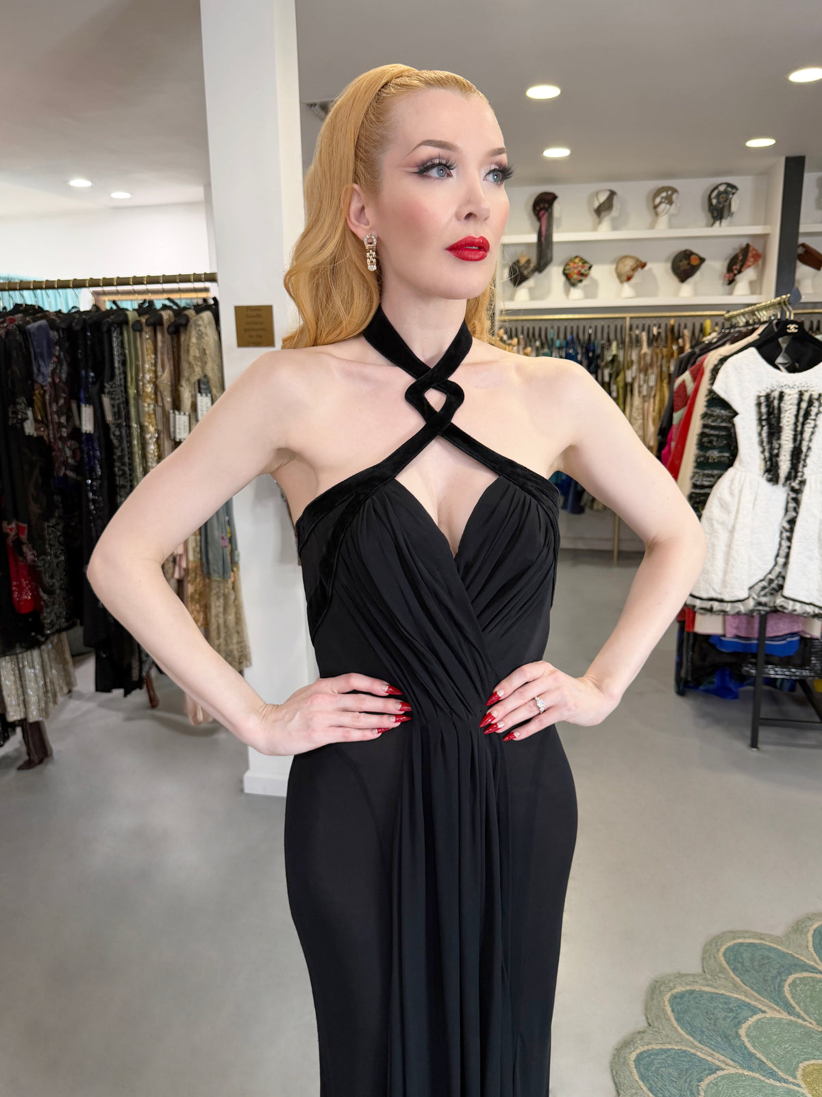 1998 Thierry Mugler Runway Black Silk-Jersey &amp; Velvet Bustier Cut-Out Halter Gown