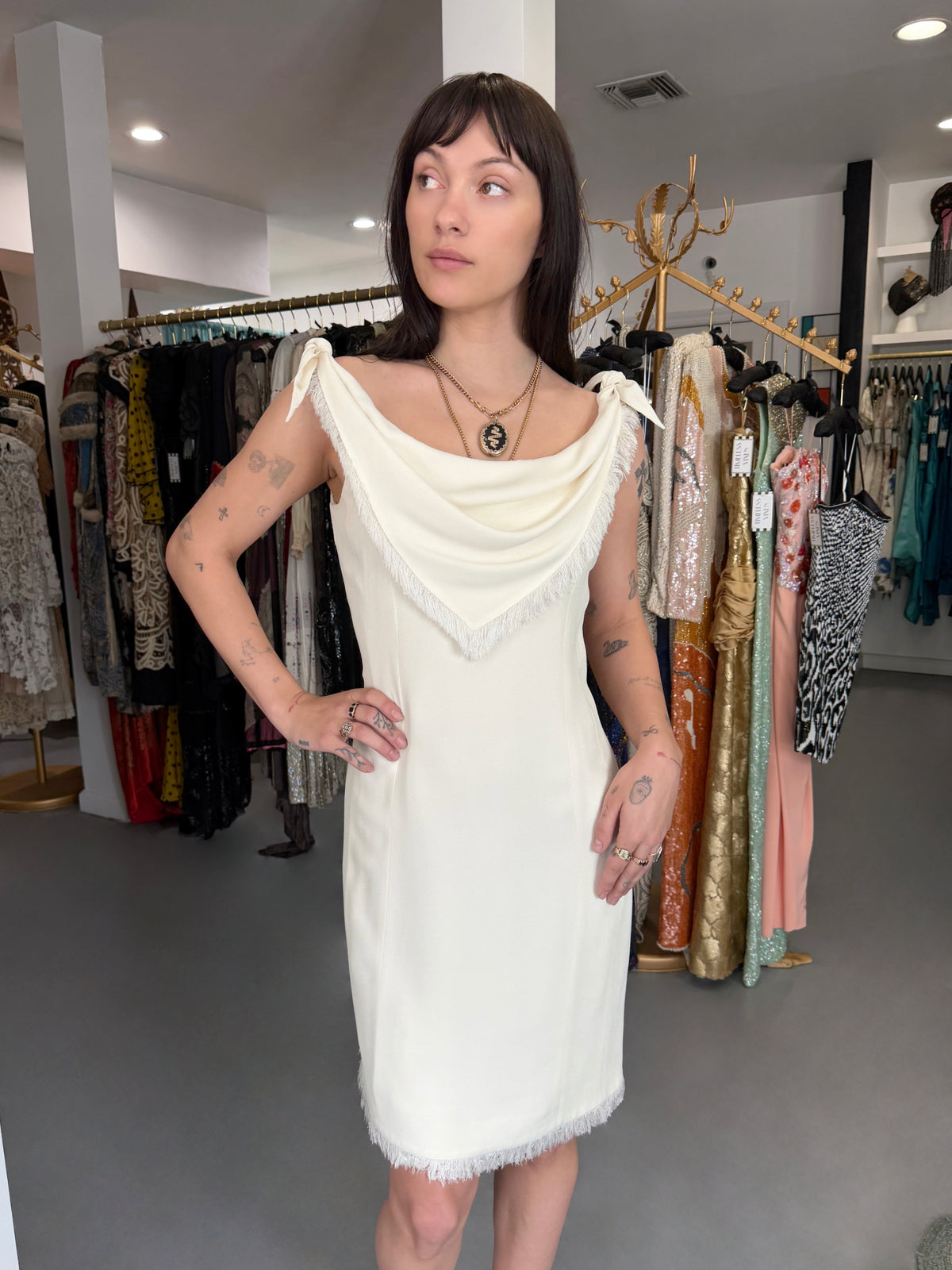 1998 Christian Dior by John Galliano Resort Collection Ivory White Crepe Fringed-Bib Dress