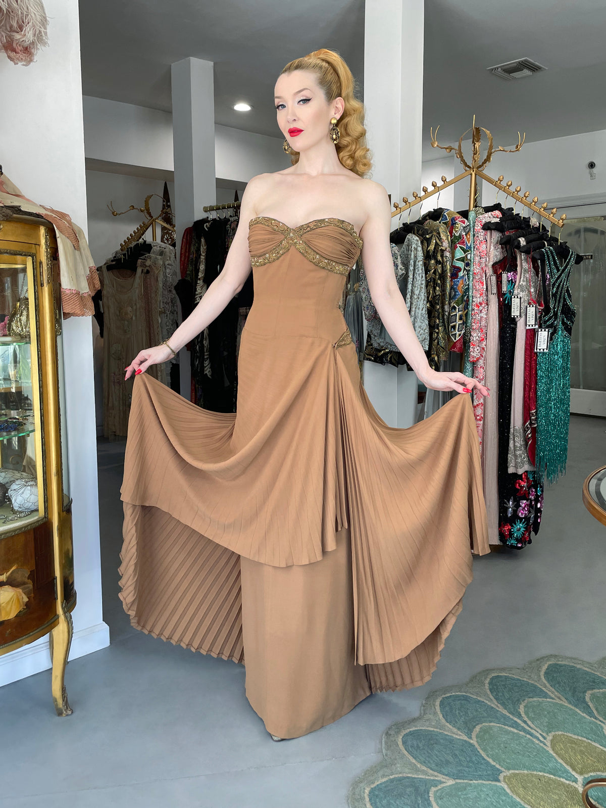 1950&#39;s Germana Marucelli Italian Couture Mocha Silk Pleated Strapless Gown