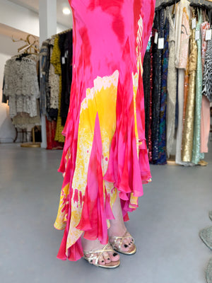 2003 Christian Dior by John Galliano Tie-Dye Pink Yellow Print Silk Cropped Blouse & Bias-Cut Skirt
