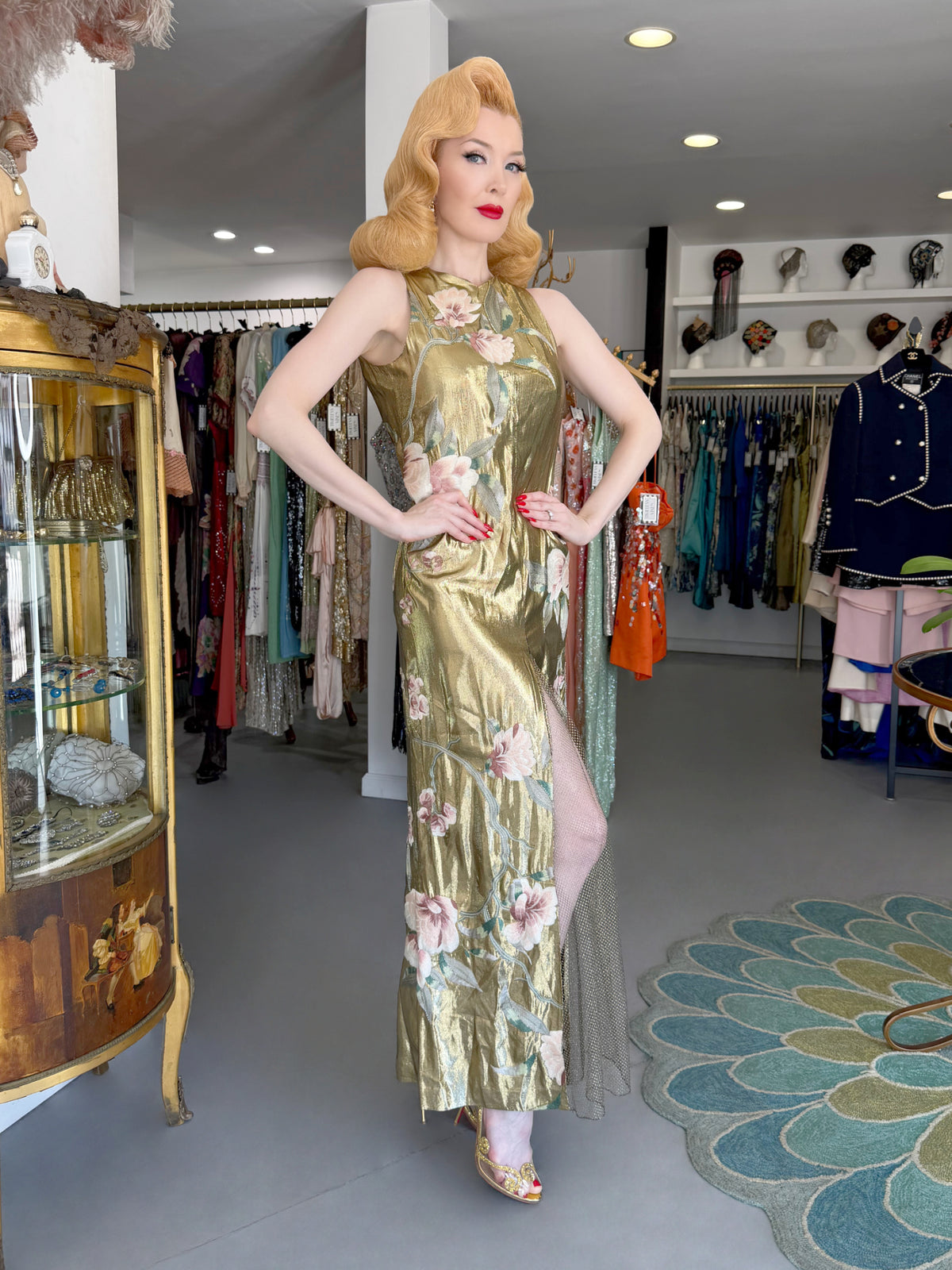 1997 Valentino Runway Metallic Gold Beaded Embroidered Floral Lamé Silk High Slit Column Gown