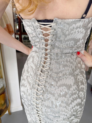 2003 Dolce & Gabbana Metallic Silver Brocade Built-In Bra Hourglass Corset Dress