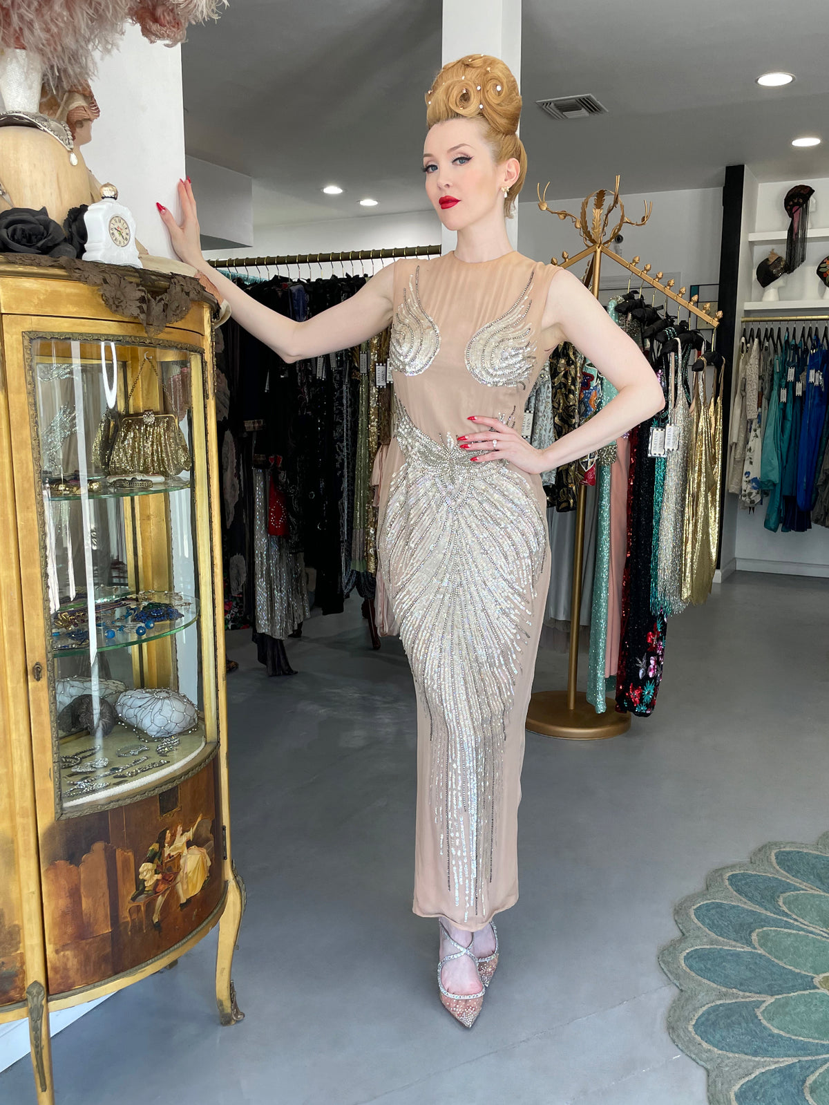 1962 Mr. Blackwell Custom Couture Rhinestone Sequin Wings Nude-Illusion Gown