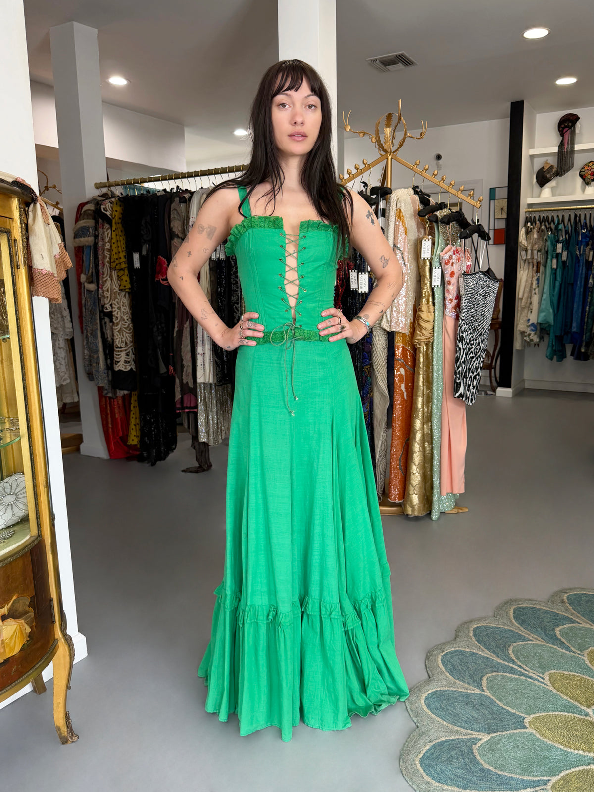 1976 Biba Emerald Green Cotton Lace-Up Corset Top & Matching Maxi Skirt