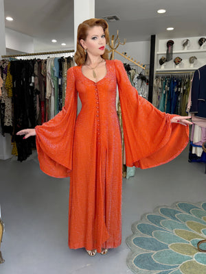 1974 Biba by Barbara Hulanicki Metallic Orange Lurex Angel-Sleeve High Slit Maxi Dress