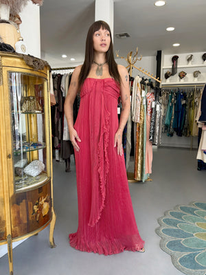 2007 Christian Dior by John Galliano Heavily-Pleated  Raspberry Silk Strapless Bustier Gown