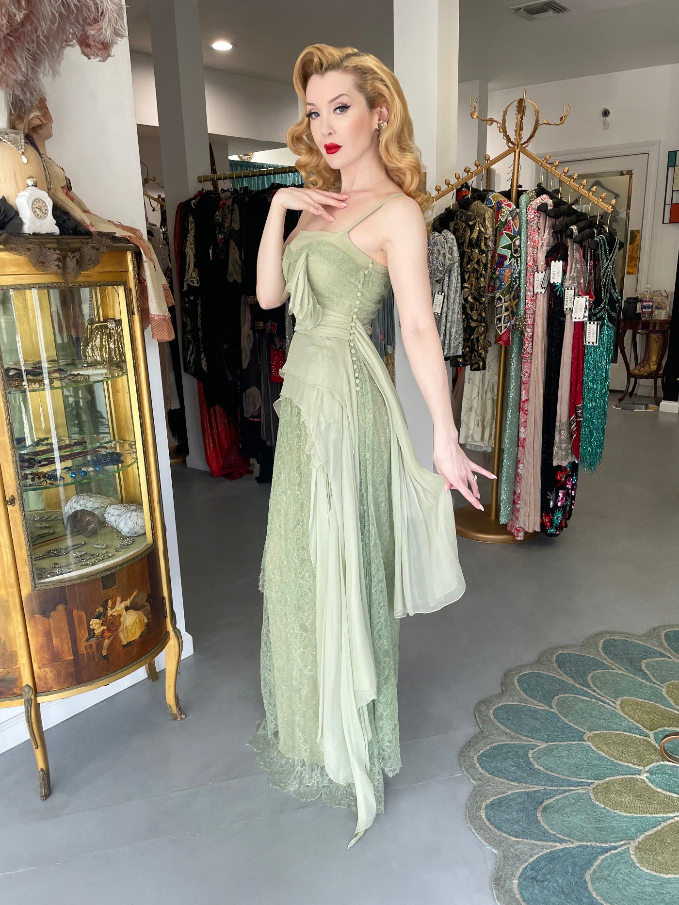 Vintage 2007 John Galliano Metallic Mint-Green Lace & Sheer Silk Tiered Ethereal Gown w/Tags - Timeless Vixen Vintage 2007 John Galliano Metallic Mint-Green Lace & Sheer Silk Tiered Ethereal Gown w/Tags - Timeless Vixen