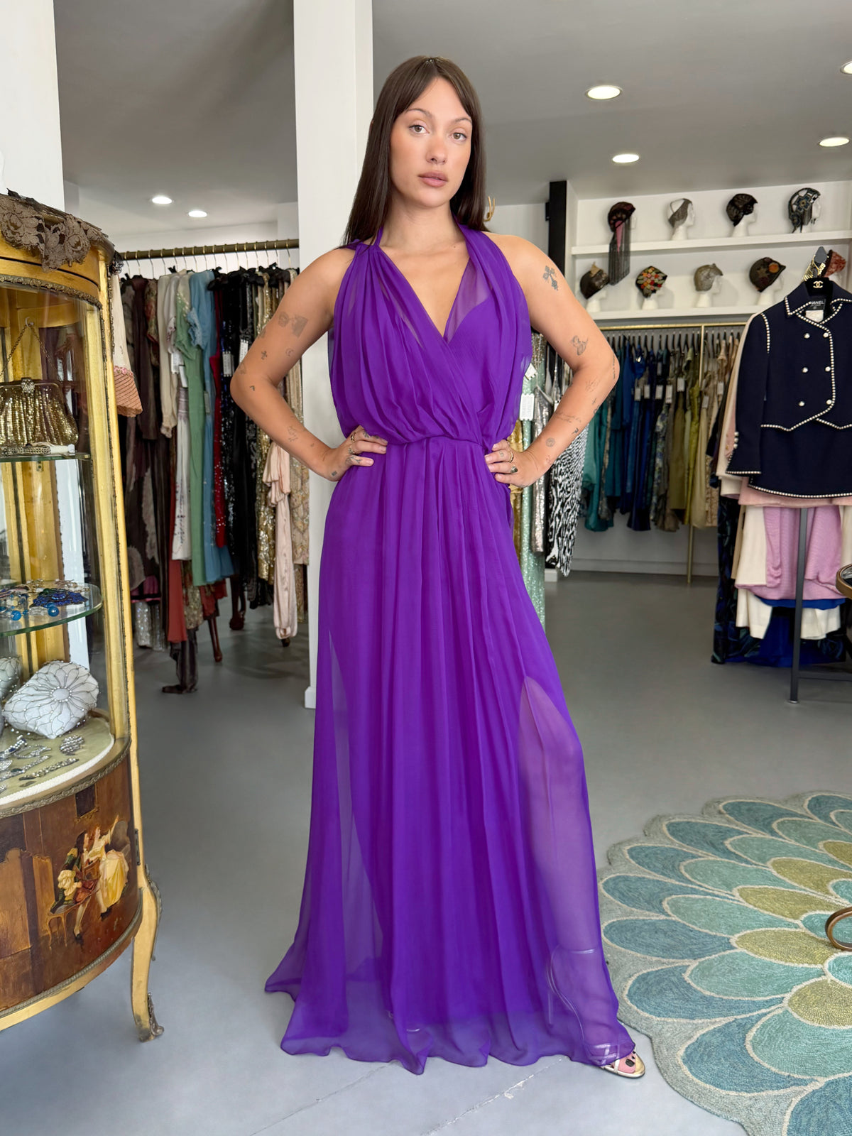 2011 Christian Dior by John Galliano Royal Purple Sheer Silk Low-Cut Asymmetric Goddess Gown