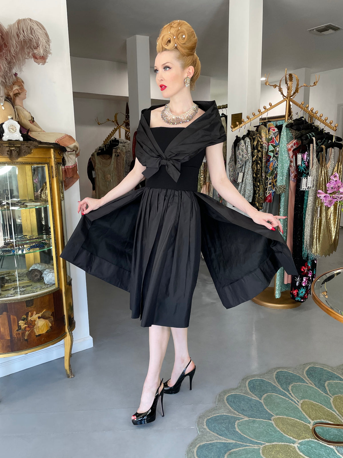 1956 Christian Dior Demi-Couture Black Silk Portrait Collar Skirted Cocktail Dress