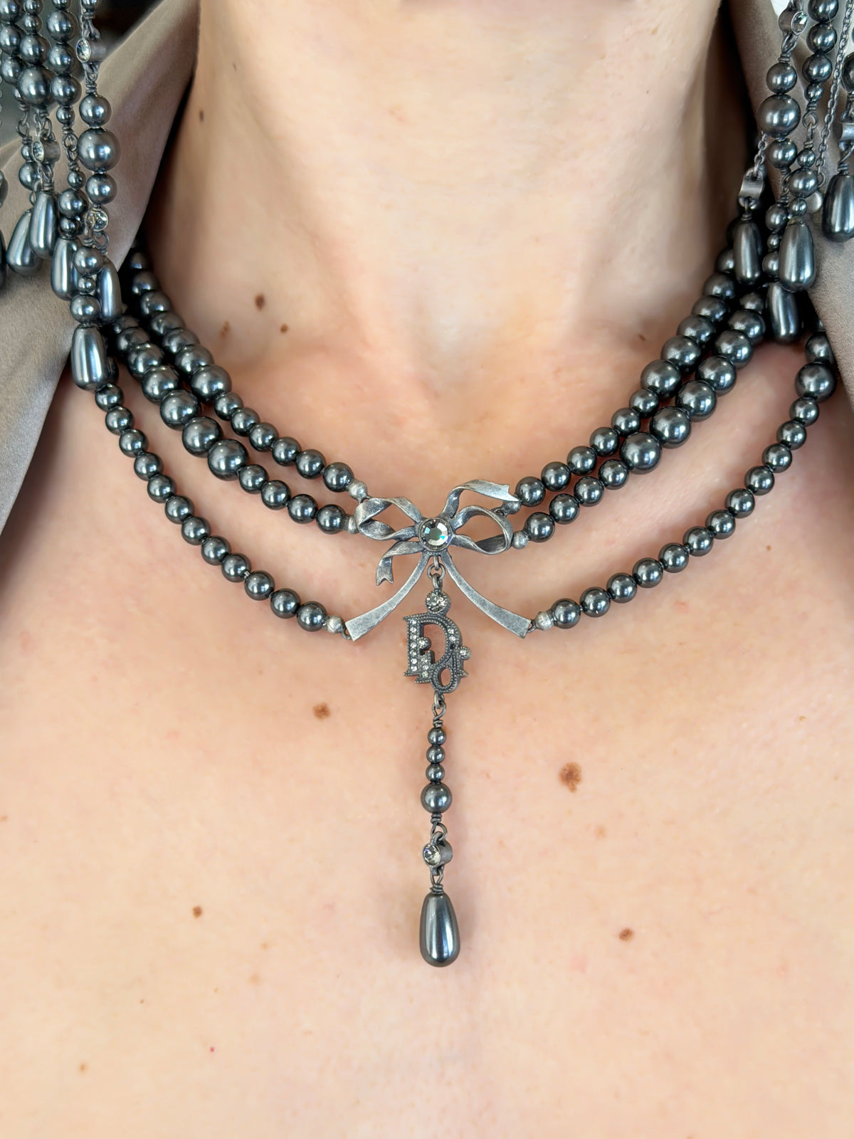 2007 Christian Dior by John Galliano Couture Runway Gunmetal Pearl Necklace &amp; Chandelier Earrings