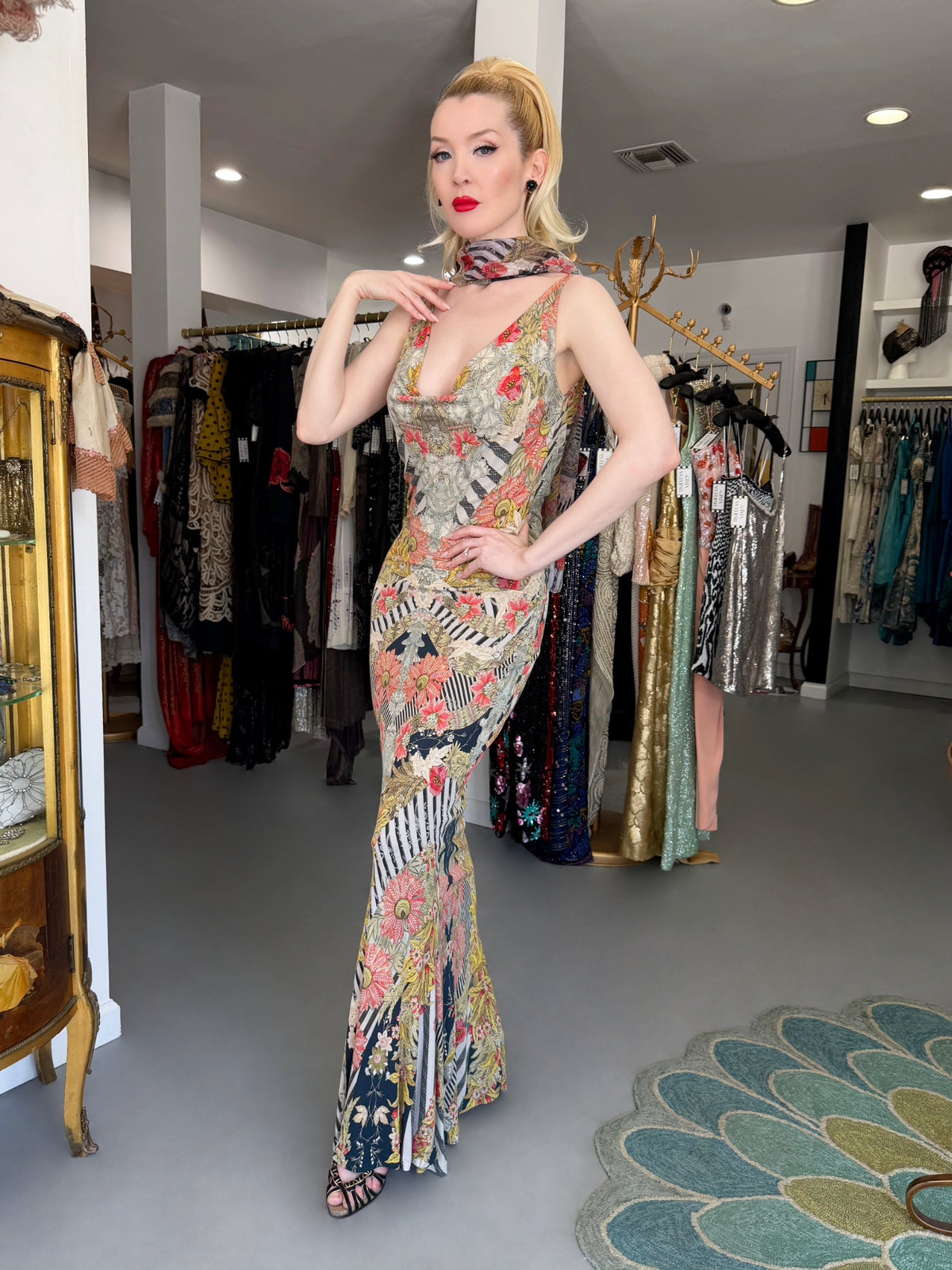 2011 Alexander McQueen 'Folklore Fin' Floral Stripe Print Draped Bias-Cut Gown w/ Shawl