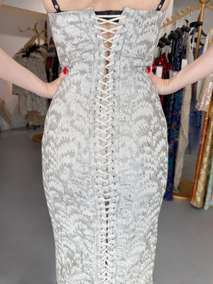 2003 Dolce & Gabbana Metallic Silver Brocade Built-In Bra Hourglass Corset Dress
