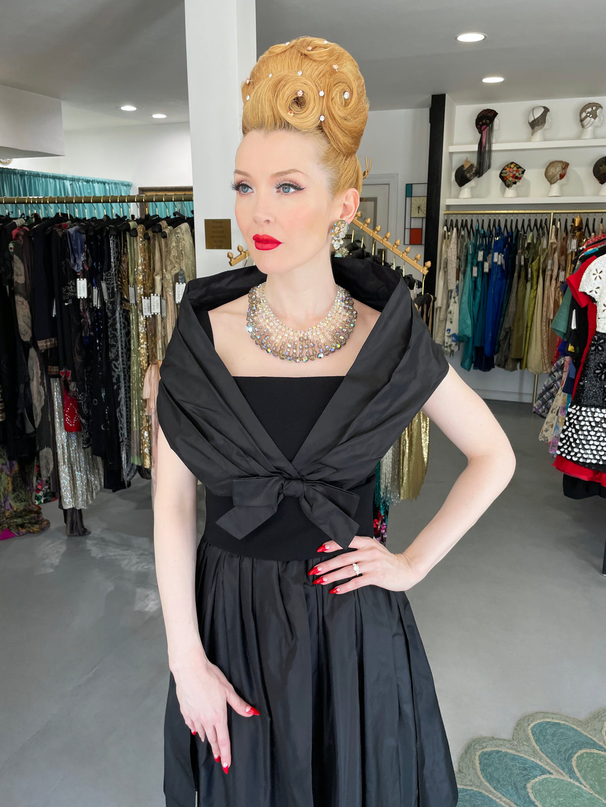 1956 Christian Dior Demi-Couture Black Silk Portrait Collar Skirted Cocktail Dress