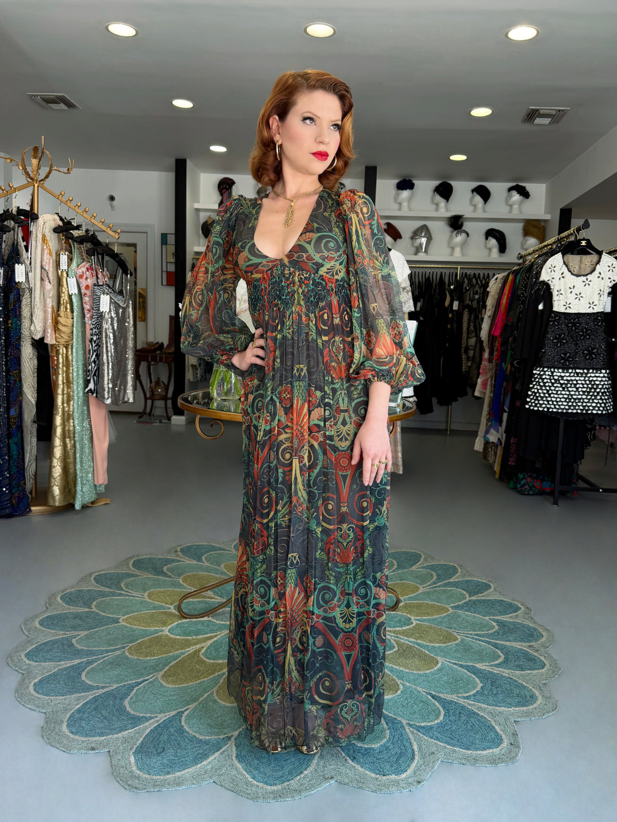 1971 Thea Porter Couture Green Art Nouveau Motif Silk Billow-Sleeve Maxi Dress