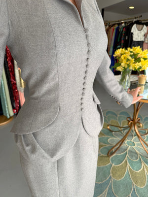 1998 John Galliano ‘Cabaret’ Collection Charcoal Gray Wool Dress & Peplum Jacket Suit