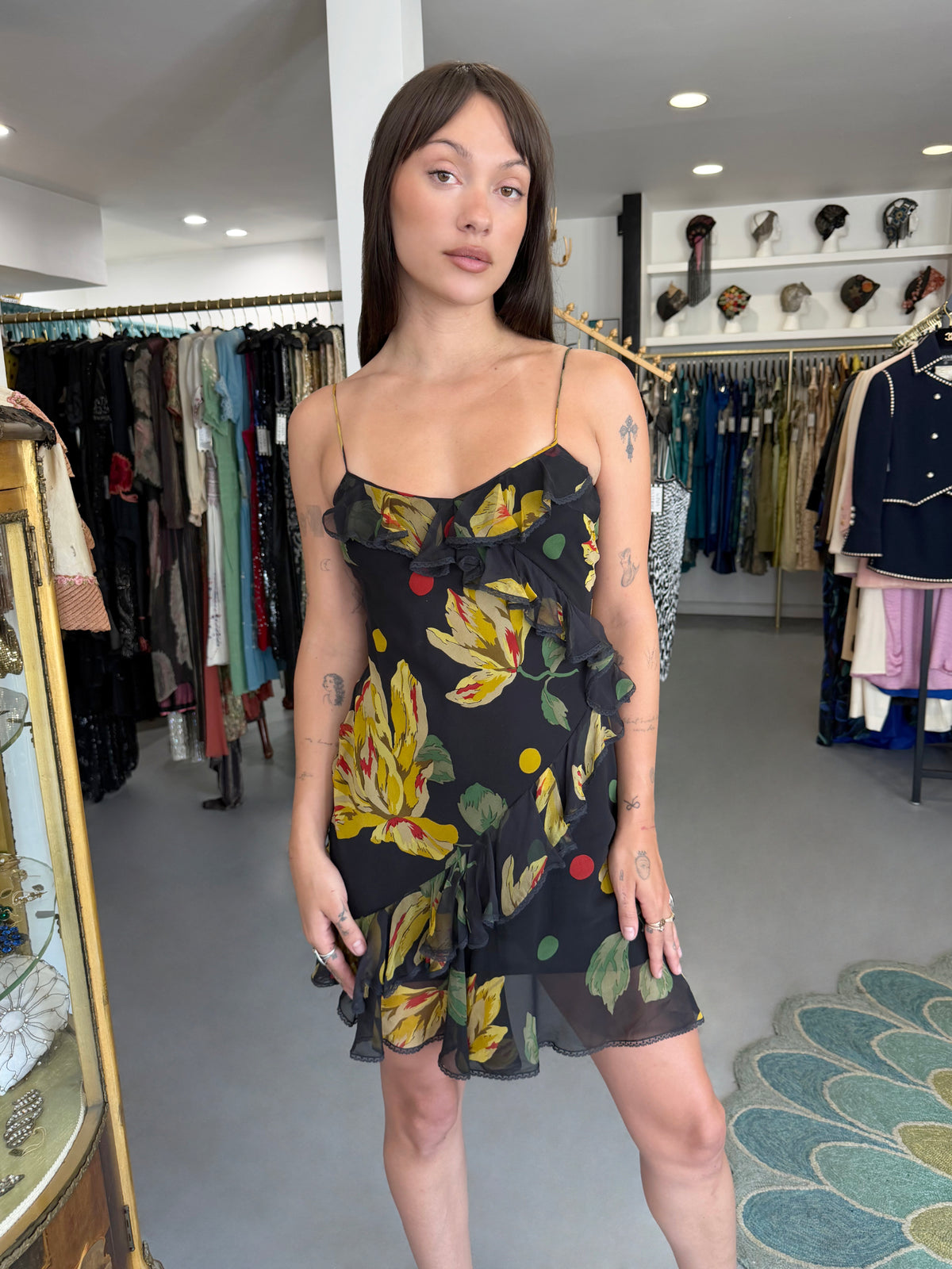 2004 John Galliano Large Scale Deco Floral Chiffon & Lace Bias-Cut Slip Dress