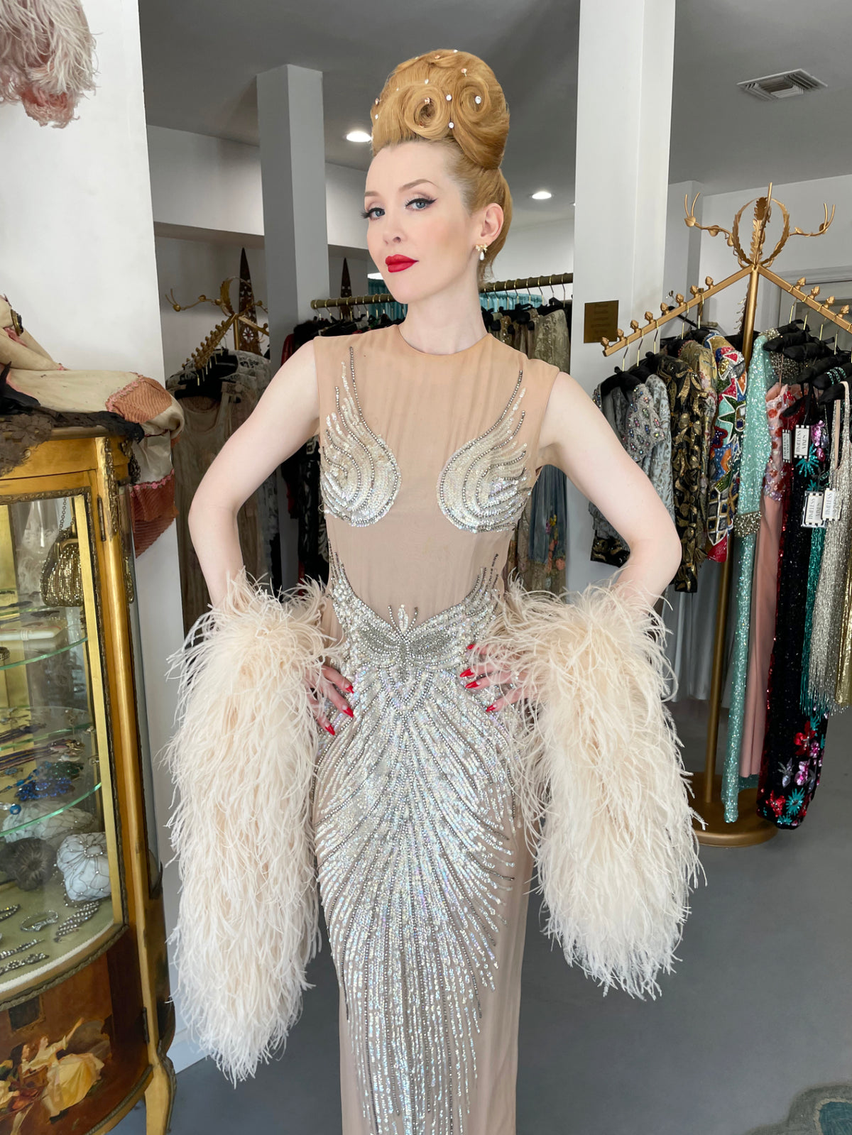 1962 Mr. Blackwell Custom Couture Rhinestone Sequin Wings Nude-Illusion Gown