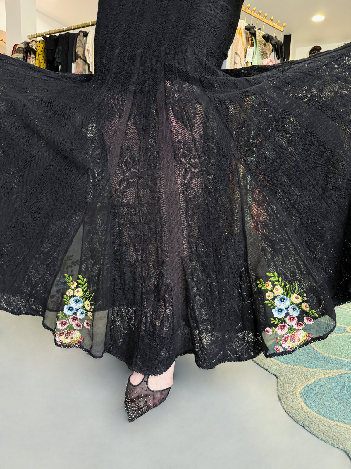 2003 John Galliano Embroidered Floral Sheer Black Pointelle Stretch Knit Bias-Cut Gown