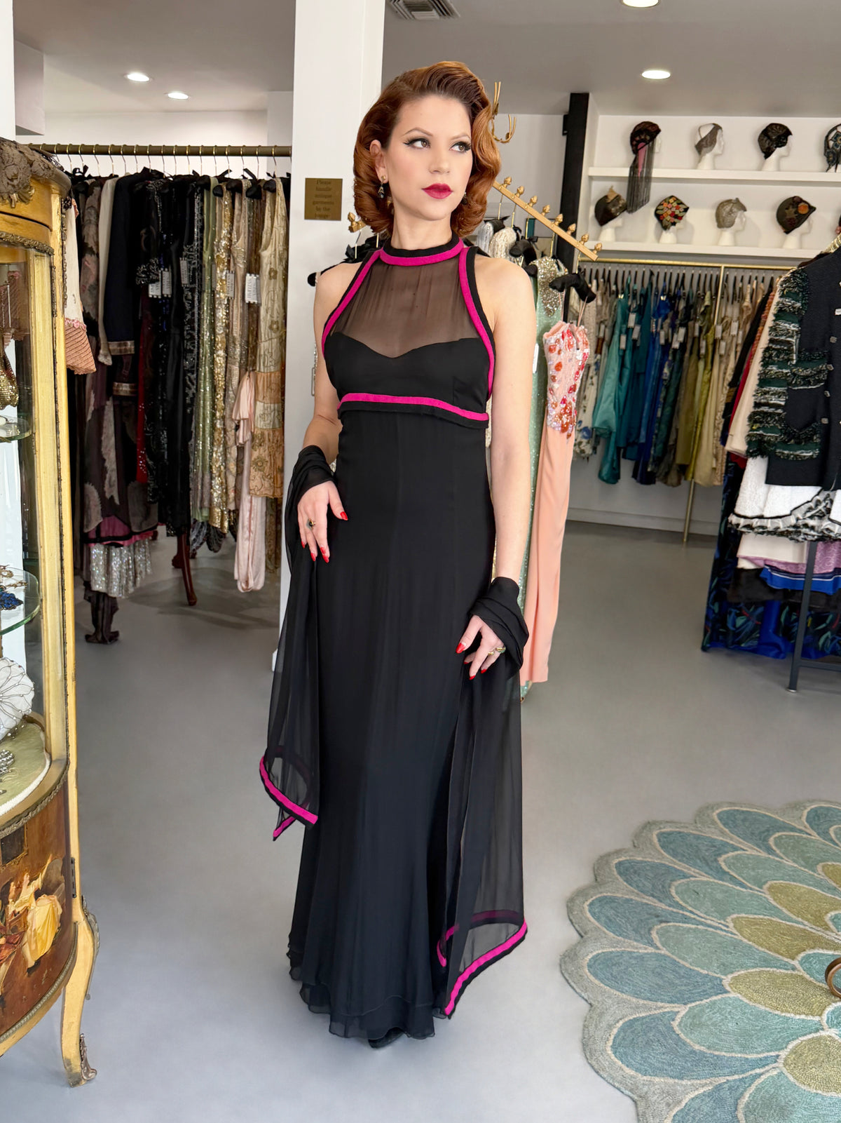 1994 Chanel by Karl Lagerfeld Black Sheer Silk Chiffon Pink Cashmere Trimmed Maxi Dress w/ Shawl