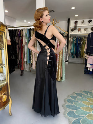 2004 Versace Runway Black Silk & Velvet Sheer-Illusion Buckle Trimmed High Slit Gown