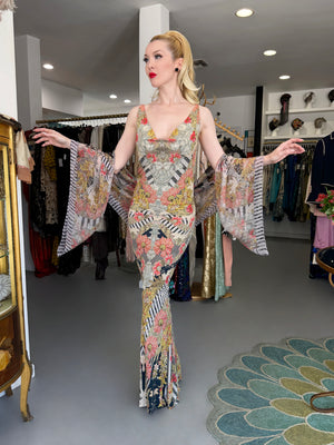 2011 Alexander McQueen 'Folklore Fin' Floral Stripe Print Draped Bias-Cut Gown w/ Shawl