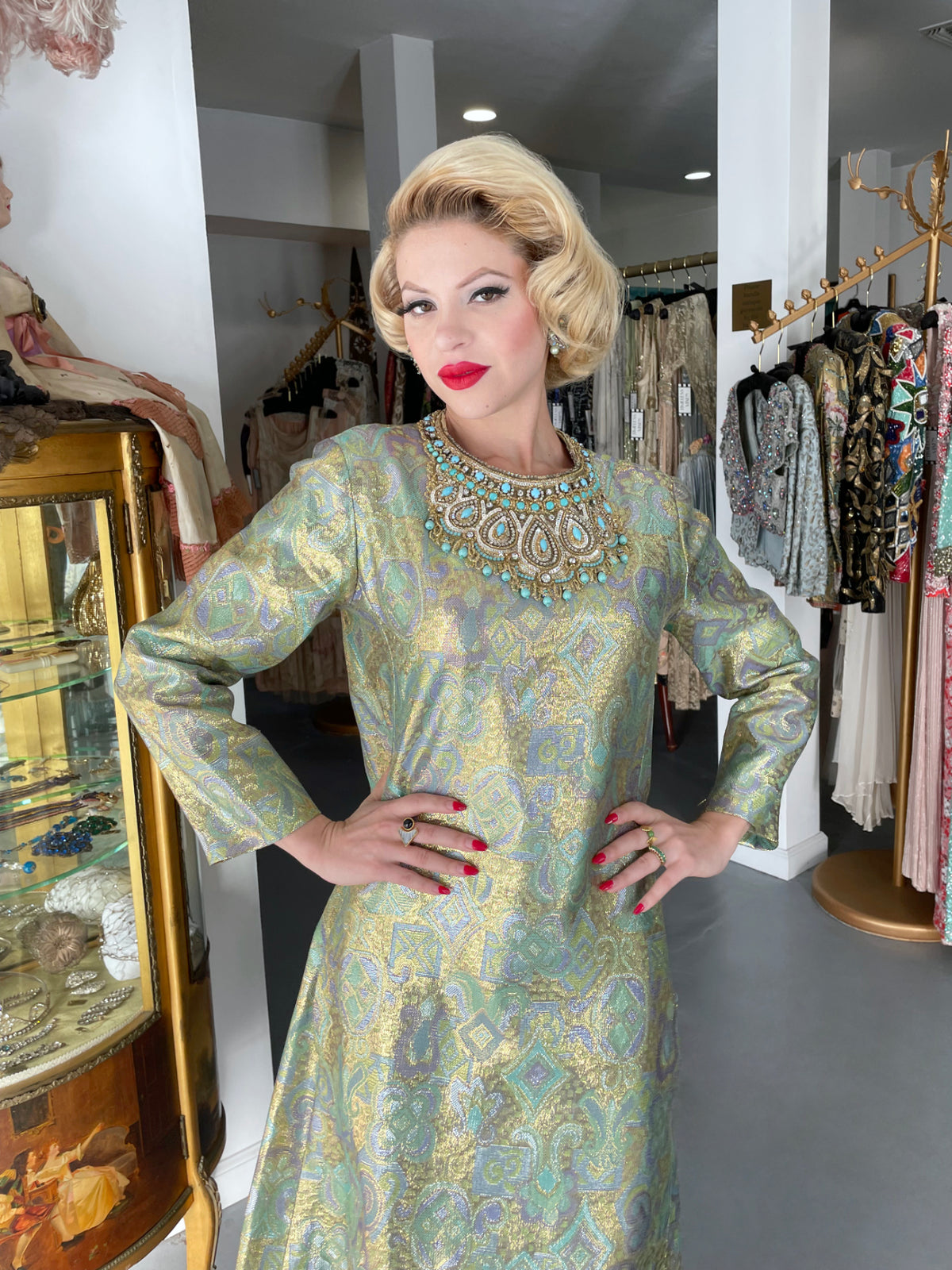 1960&#39;s Bob Bugnand Couture Beaded Metallic Silk-Brocade Dress &amp; Matching Coat