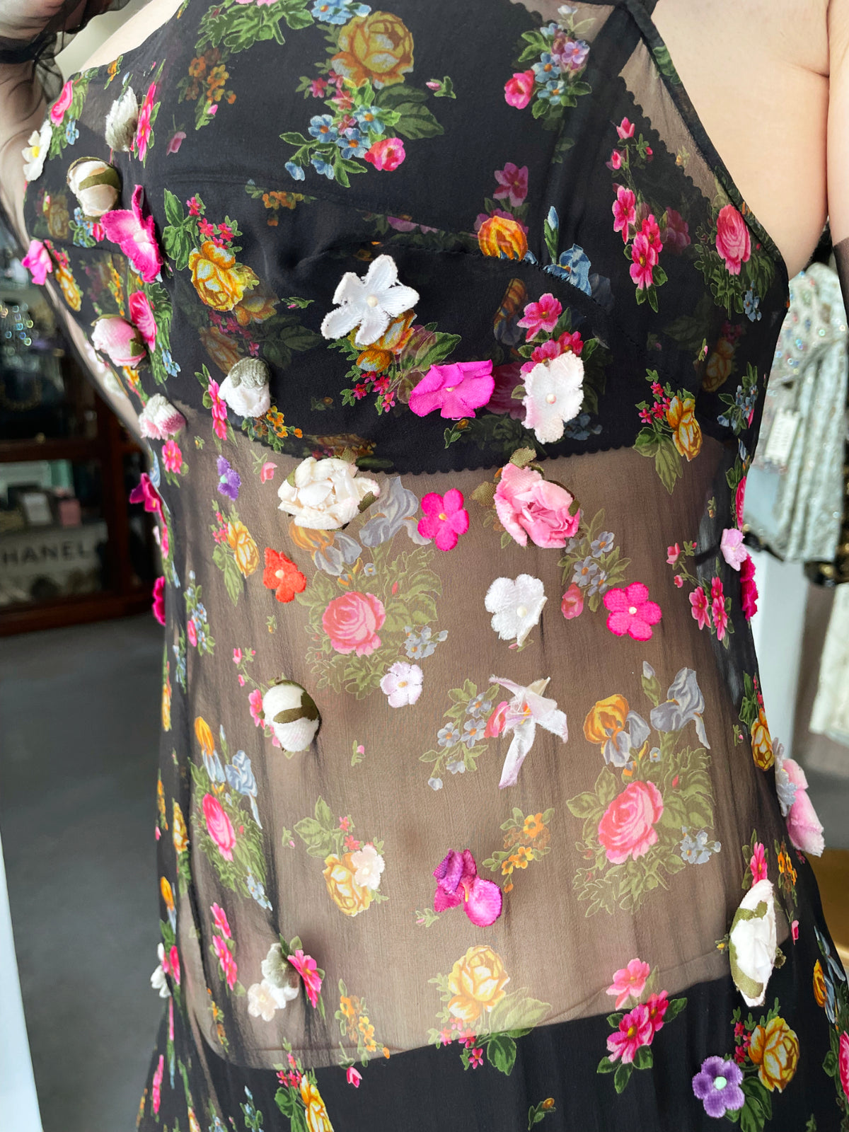 1999 Dolce &amp; Gabbana Sheer Appliqué Floral Silk Built-In Bra Slip Dress