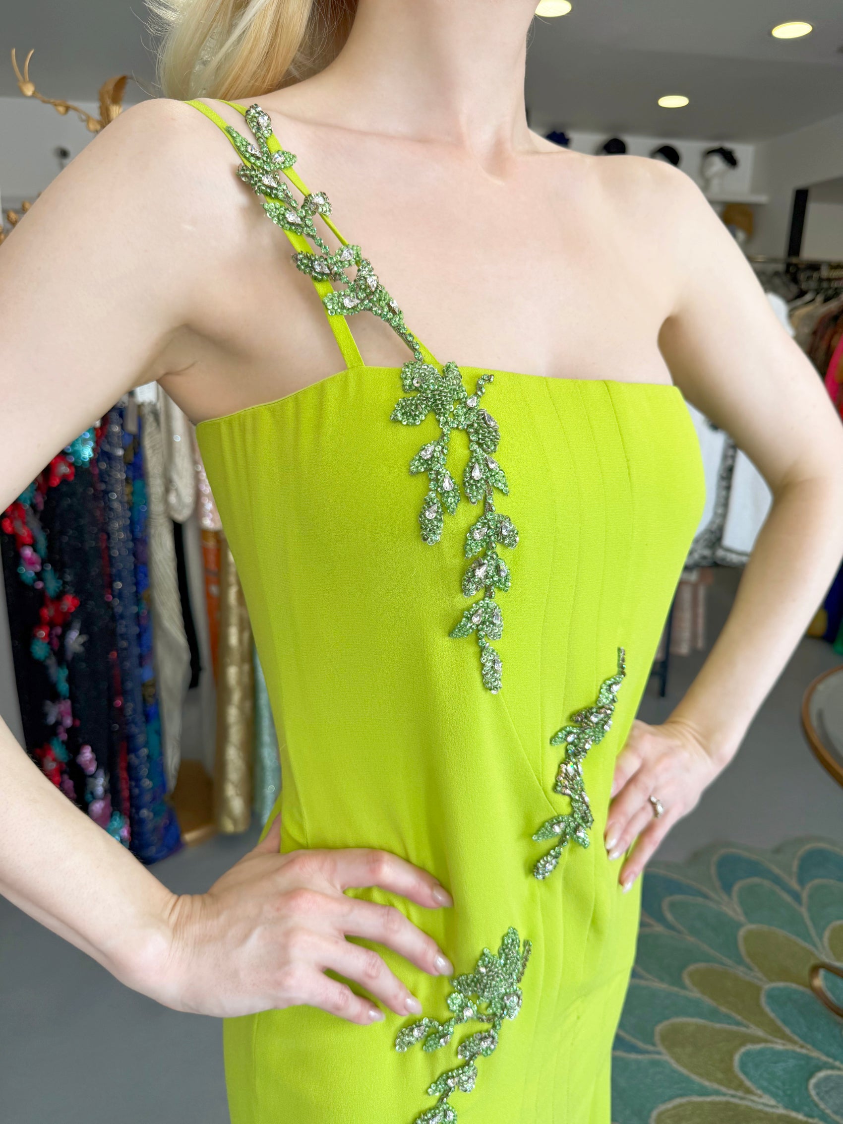 1997 Gianni Versace Lime Green & Black Embellished Silk High-Low Dress