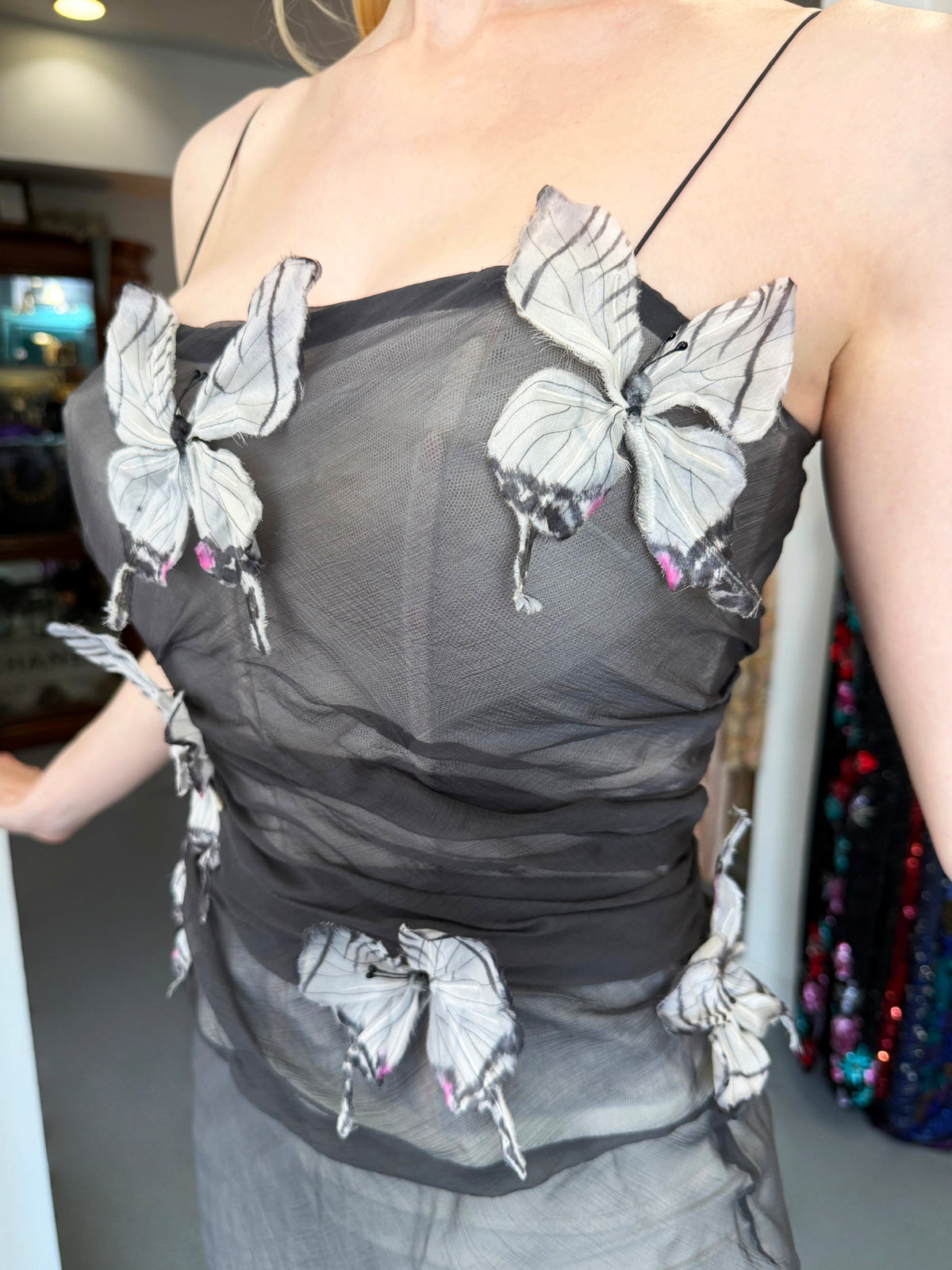 1998 Dolce &amp; Gabbana 'Stromboli Collection' Hand-Painted Butterflies Grey Sheer Silk Corset Gown