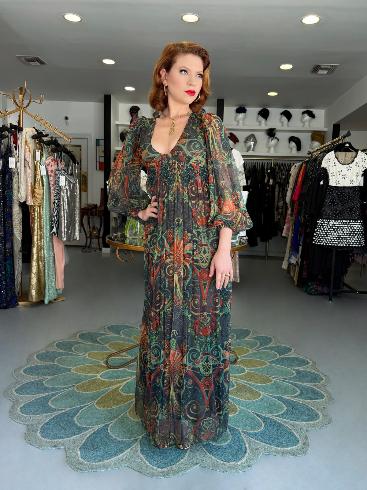 1971 Thea Porter Couture Green Art Nouveau Motif Silk Billow-Sleeve Maxi Dress