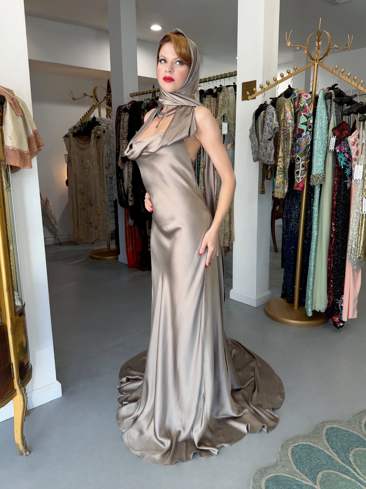 2014 Ralph Lauren Purple Label Platinum Silk Bias-Cut 'Old Hollywood' Gown w/ Optional Hood