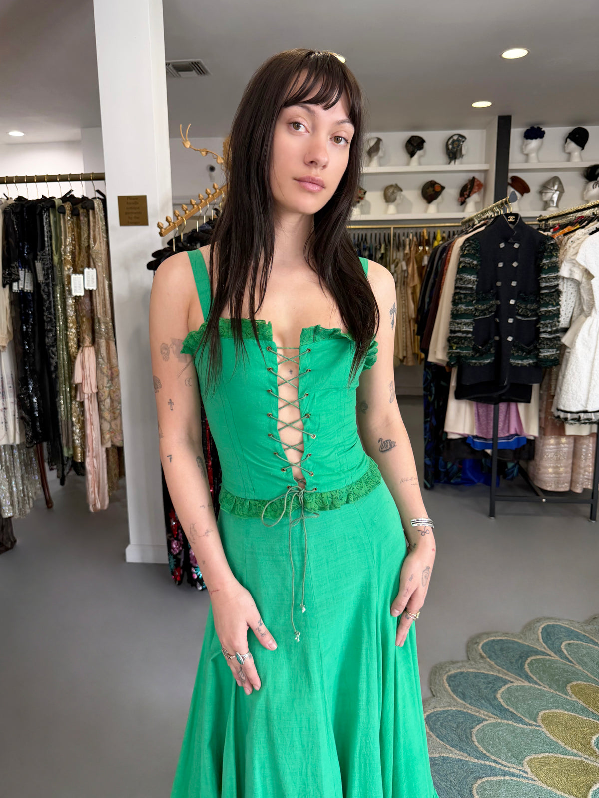 1976 Biba Emerald Green Cotton Lace-Up Corset Top & Matching Maxi Skirt