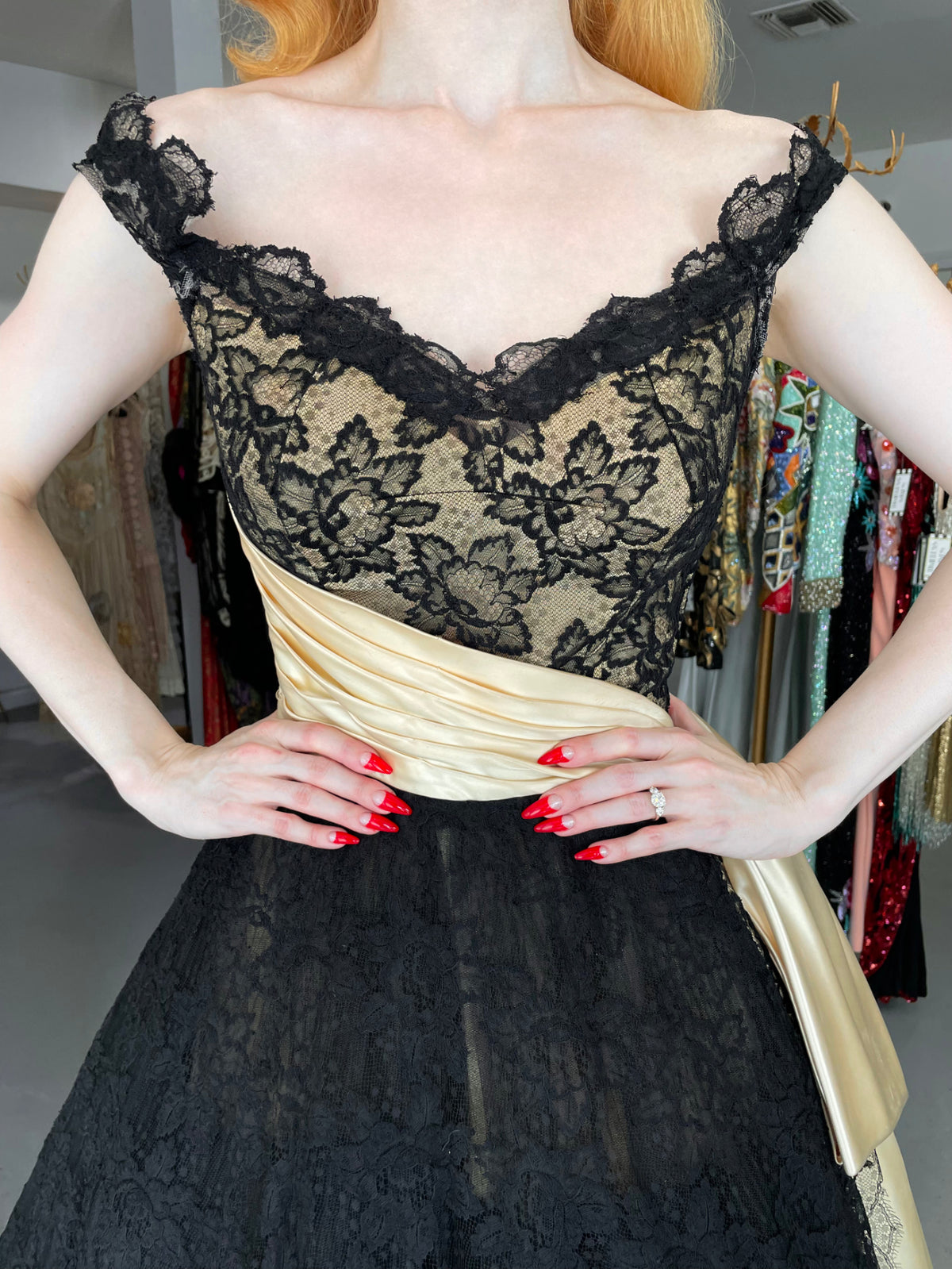 1950&#39;s Pauline Trigère Black Lace &amp; Ivory Satin Illusion Off-Shoulder ‘New Look’ Party Dress