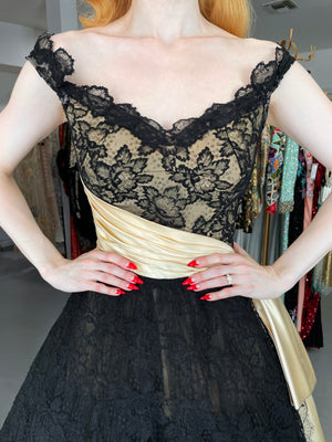 1950's Pauline Trigere Black Lace & Ivory Satin Off-Shoulder Party Dress