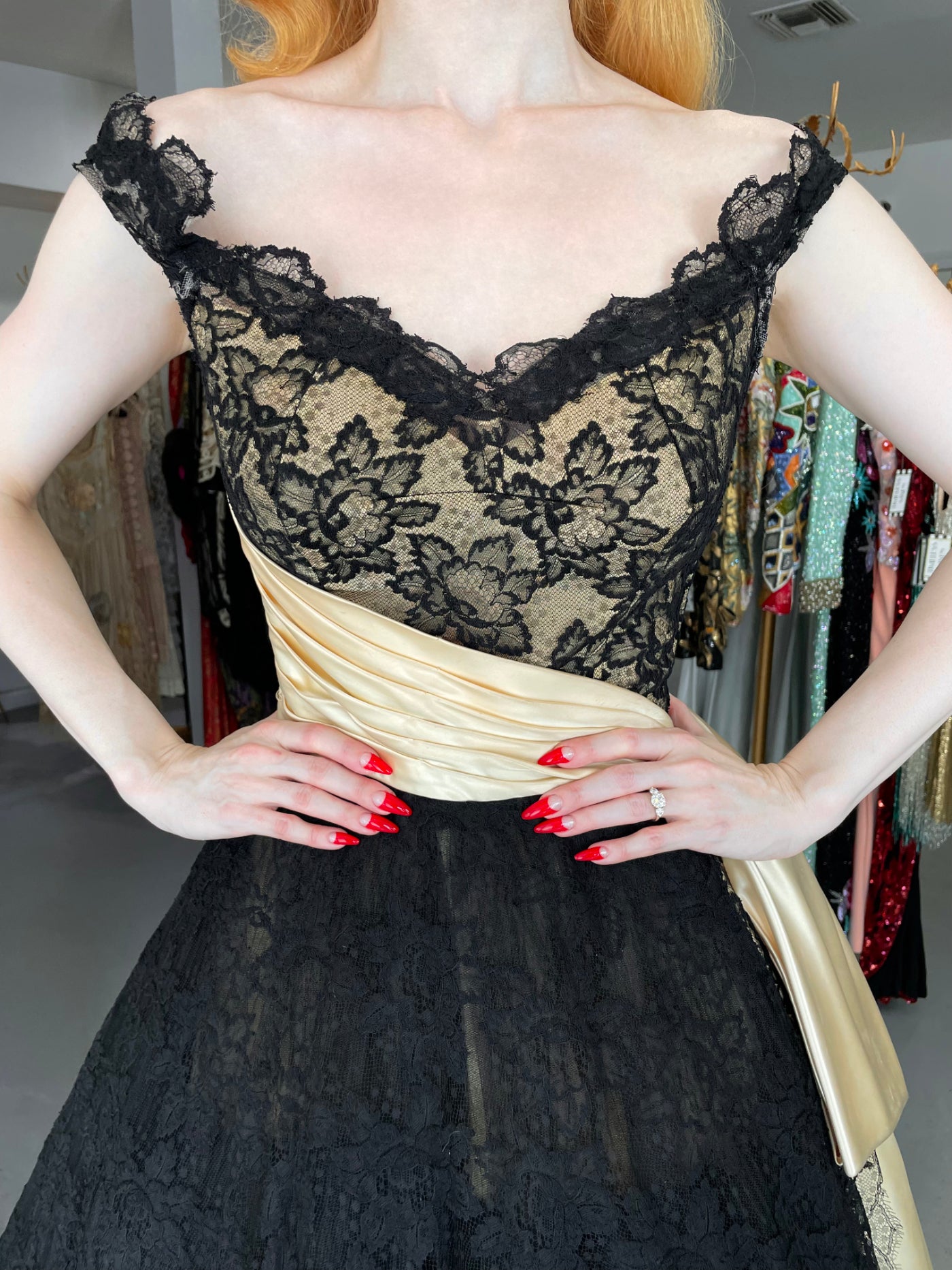 1950's Pauline Trigere Black Lace & Ivory Satin Off-Shoulder Dress - Timeless Vixen 1950's Pauline Trigere Black Lace & Ivory Satin Off-Shoulder Dress - Timeless Vixen