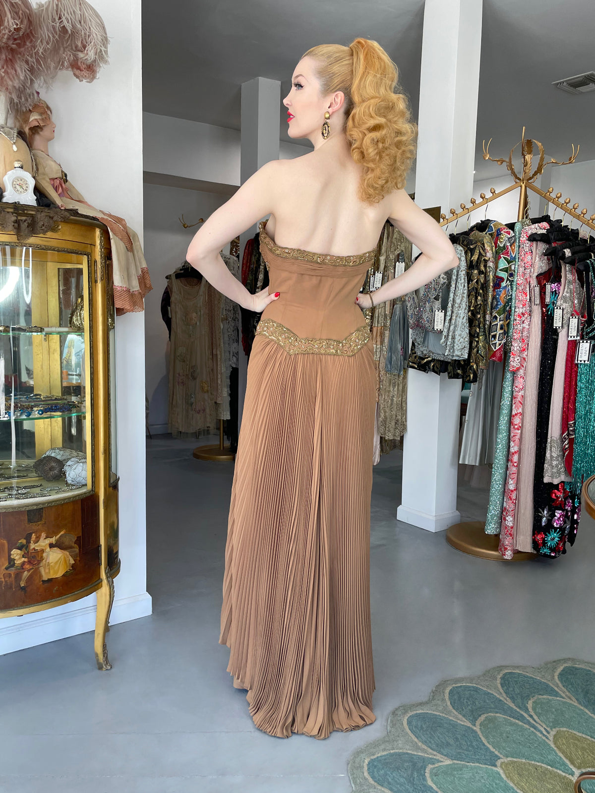 1950&#39;s Germana Marucelli Italian Couture Mocha Silk Pleated Strapless Gown