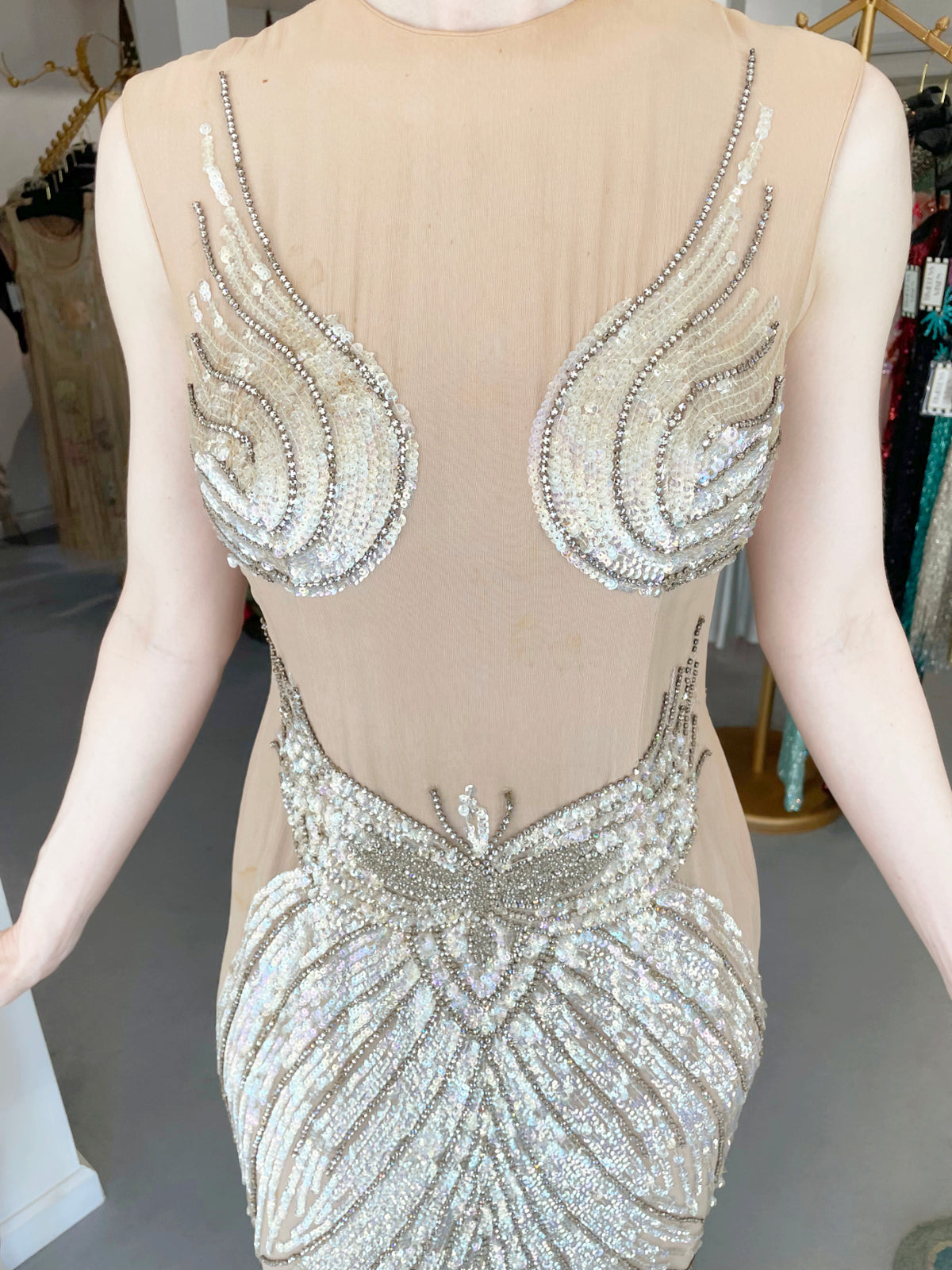 1962 Mr. Blackwell Custom Couture Rhinestone Sequin Wings Nude-Illusion Gown