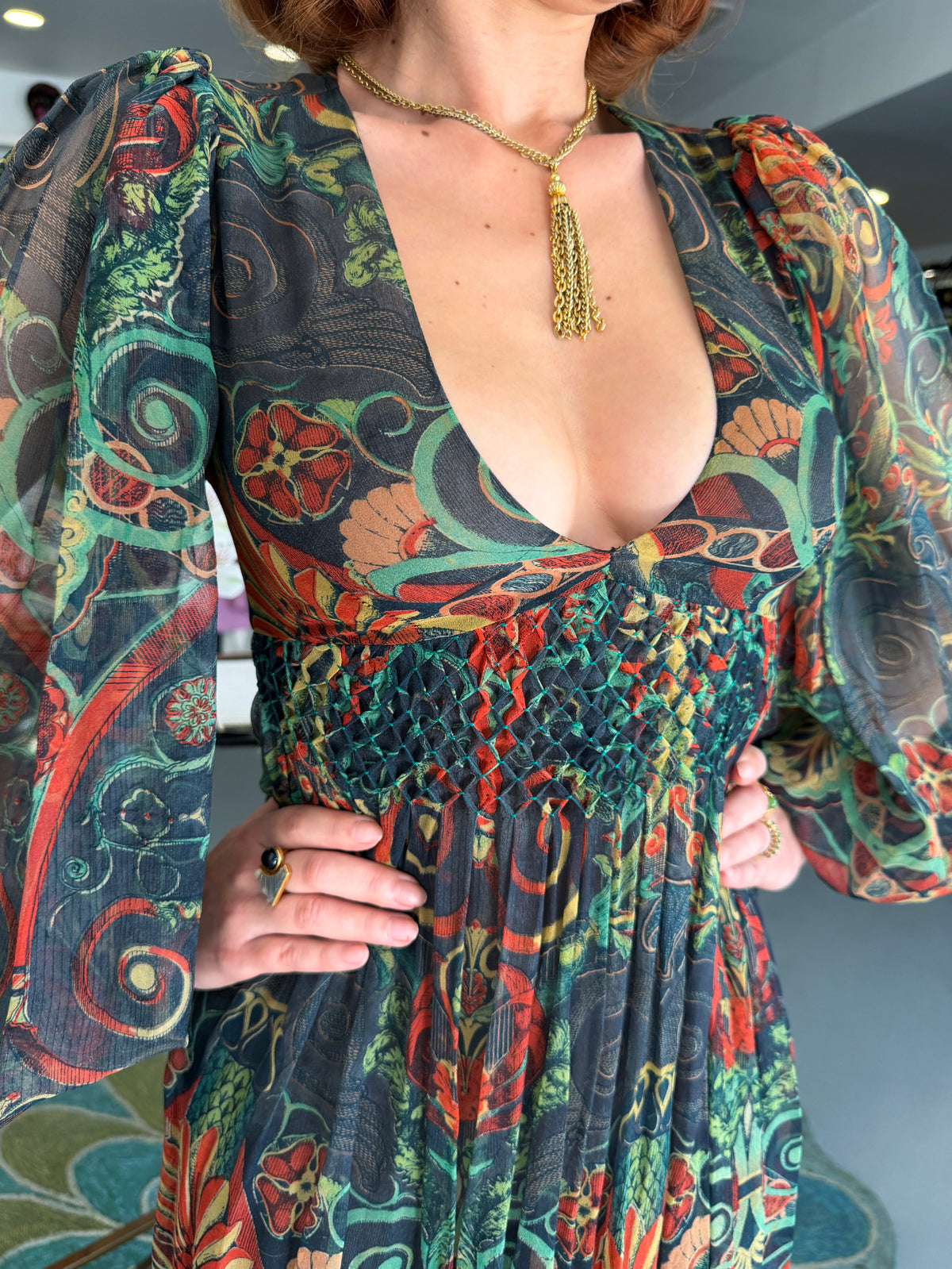 1971 Thea Porter Couture Green Art Nouveau Motif Silk Billow-Sleeve Maxi Dress