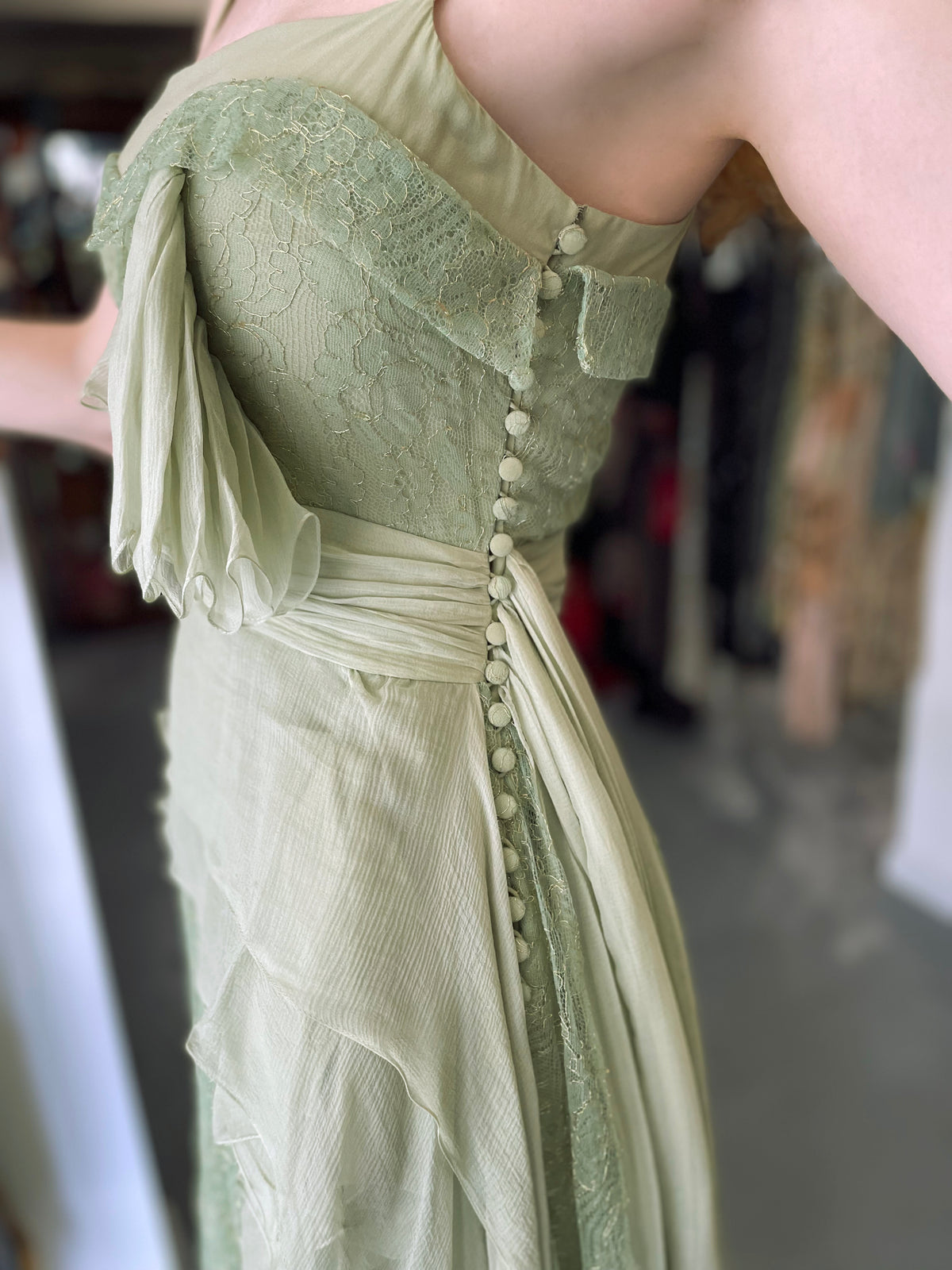 2007 John Galliano Metallic Mint-Green Lace &amp; Sheer Silk Tiered Ethereal Gown w/Tags